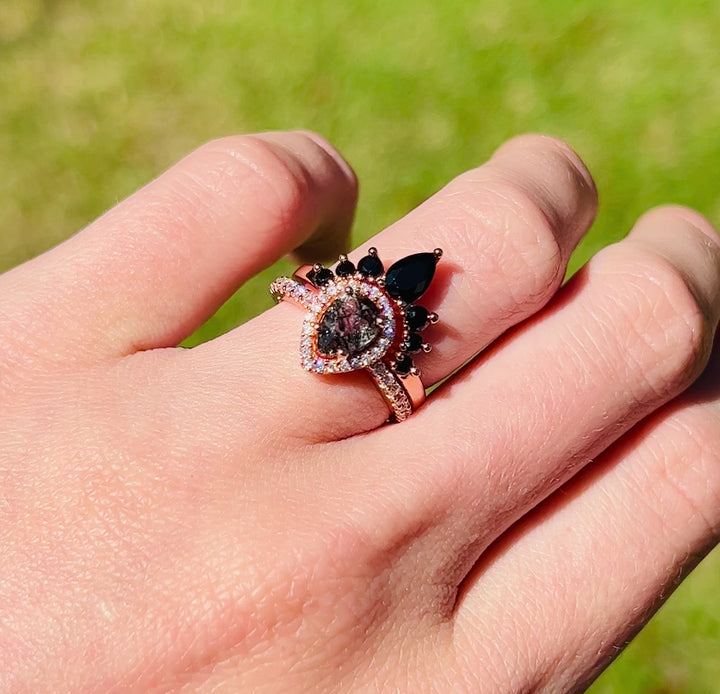 Amy Rutilated Quartz & Black Diamond (Onyx) Ring Set- 14K Rose Gold Vermeil