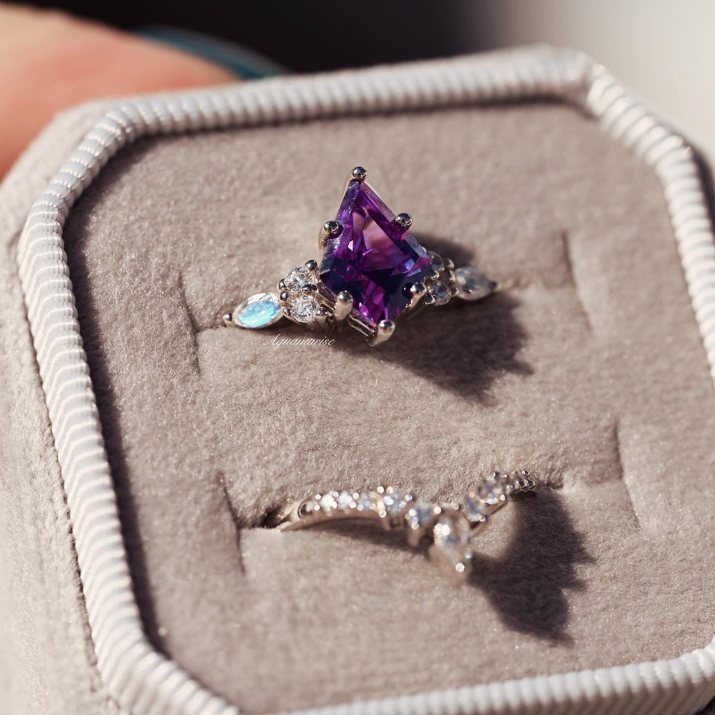 Skye Alexandrite & Moonstone Ring Set- Sterling Silver Kite Engagement Rings For Women