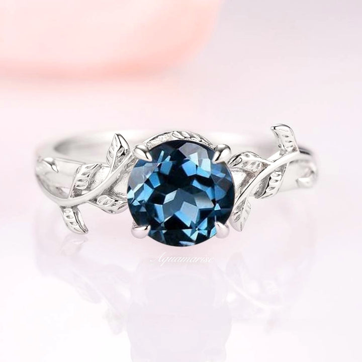 Natural London Blue Topaz Leaf Ring- Sterling Silver