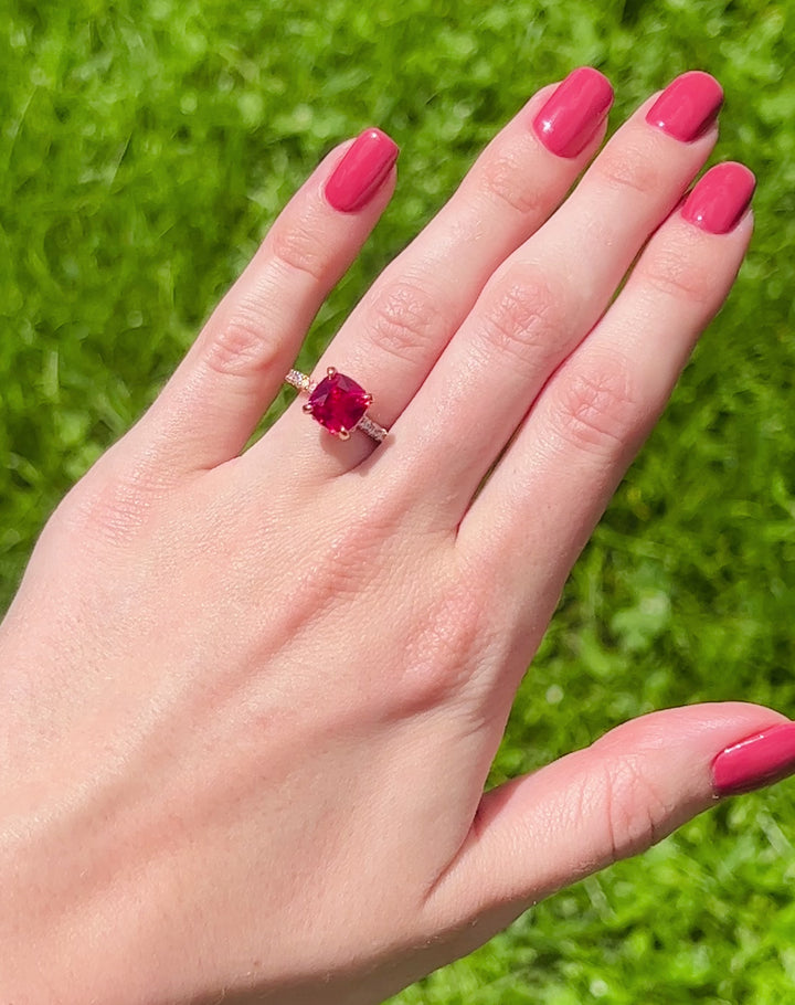 Cushion Hidden Halo Ruby Ring- 14K Rose Gold Vermeil