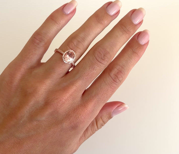 Iris Oval Halo Morganite Engagement Ring- 14K Solid Rose Gold