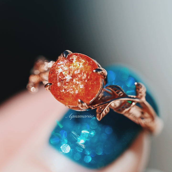 Natural Sunstone Leaf Ring- 14K Rose Gold Vermeil