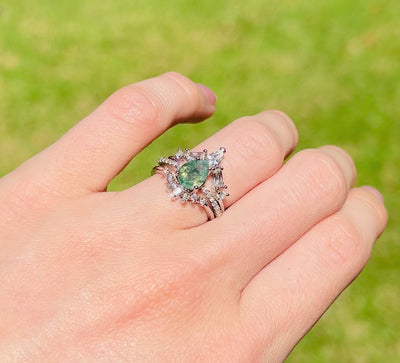 Natural Green Moss Agate Ring Set- Sterling Silver Aquatic Agate Engagement Rings For Woman