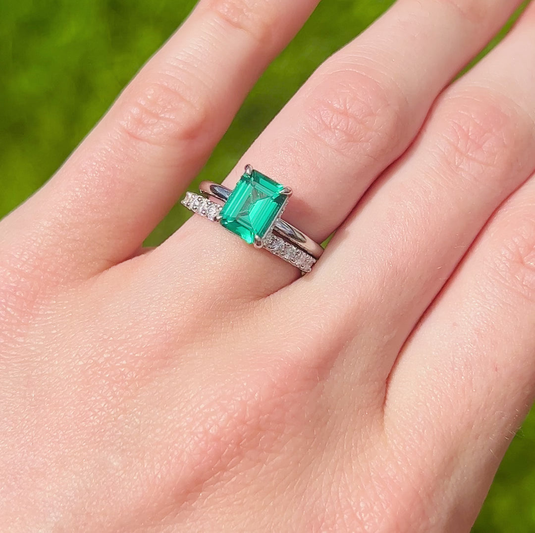 Hidden Halo Emerald Ring Set- 925 Sterling Silver