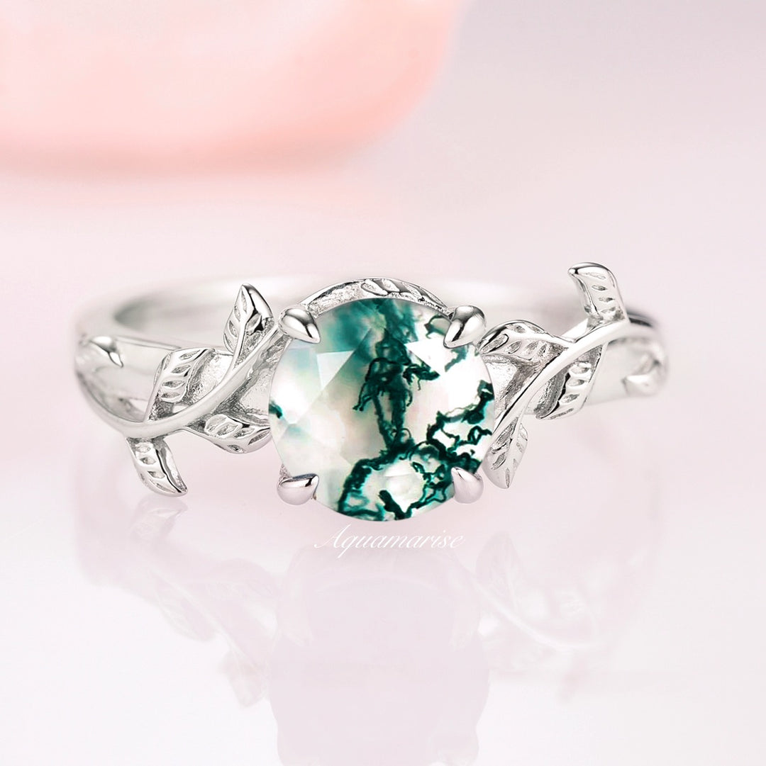 Natural Green Moss Agate Leaf Ring- Sterling Silver