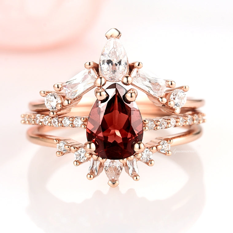 Natural Garnet 3pcs Ring Set- 14K Rose Gold Vermeil