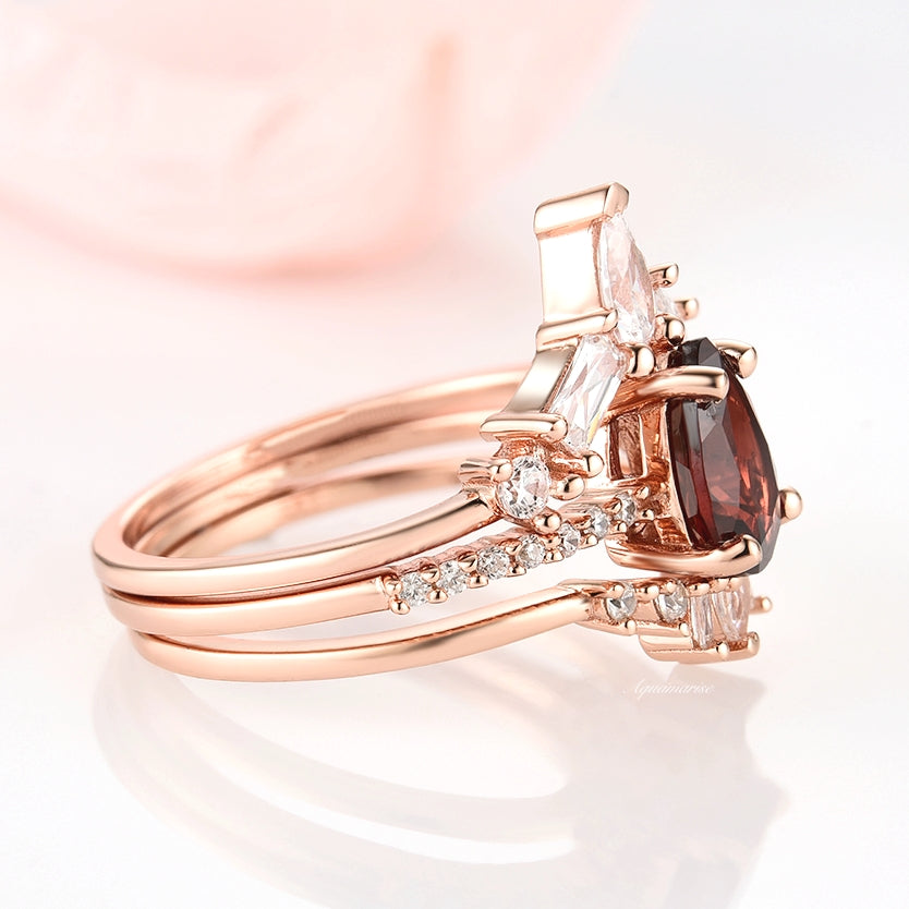 Natural Garnet 3pcs Ring Set- 14K Rose Gold Vermeil