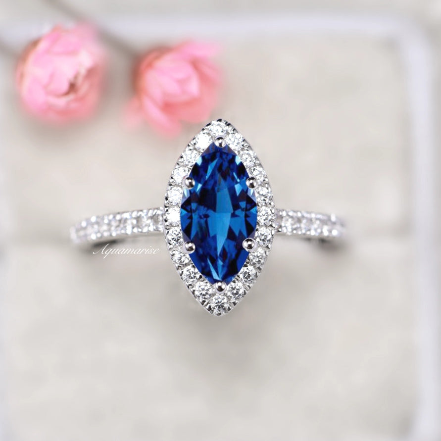 Valeria Marquise Halo Blue Sapphire Ring- Sterling Silver