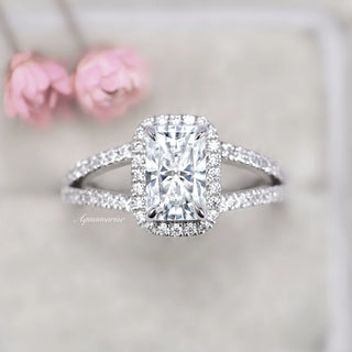 Emerald Cut Split Moissanite Engagement Ring in 14K White Gold