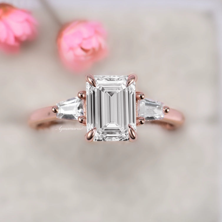 3 Stone Emerald Cut Moissanite Engagement Ring- 14K Solid Rose Gold