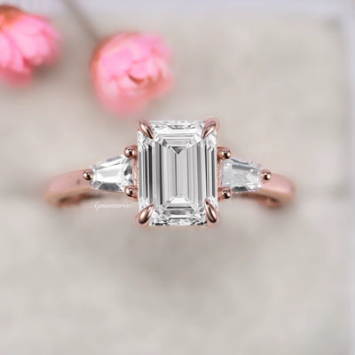 3 Stone Emerald Cut Moissanite Engagement Ring- 14K Solid Rose Gold