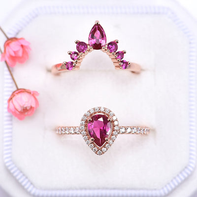 Amy Vintage Teardrop Ruby Ring Set- 14K Rose Gold Vermeil