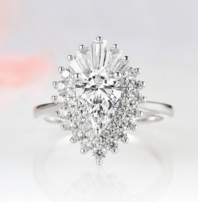 Art Deco Moissanite or Diamond Gatsby Teardrop Engagement Ring- 14K White Gold