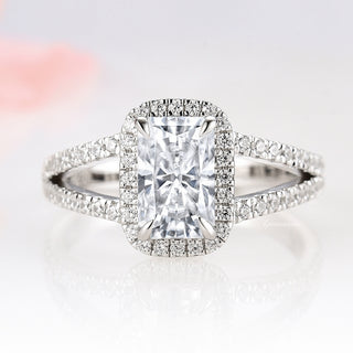 Emerald Cut Split Moissanite Engagement Ring in 14K White Gold
