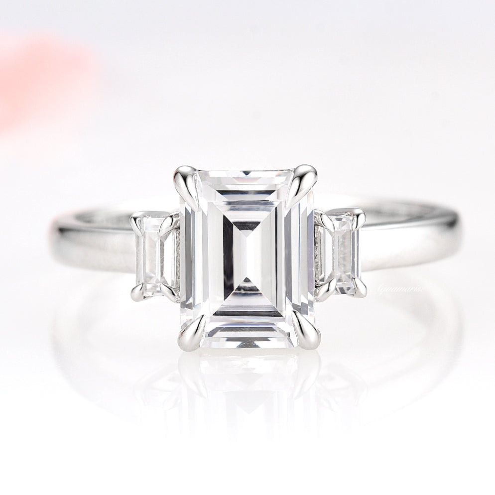3 Stone Emerald Cut Moissanite Engagement Ring- 14K White Gold