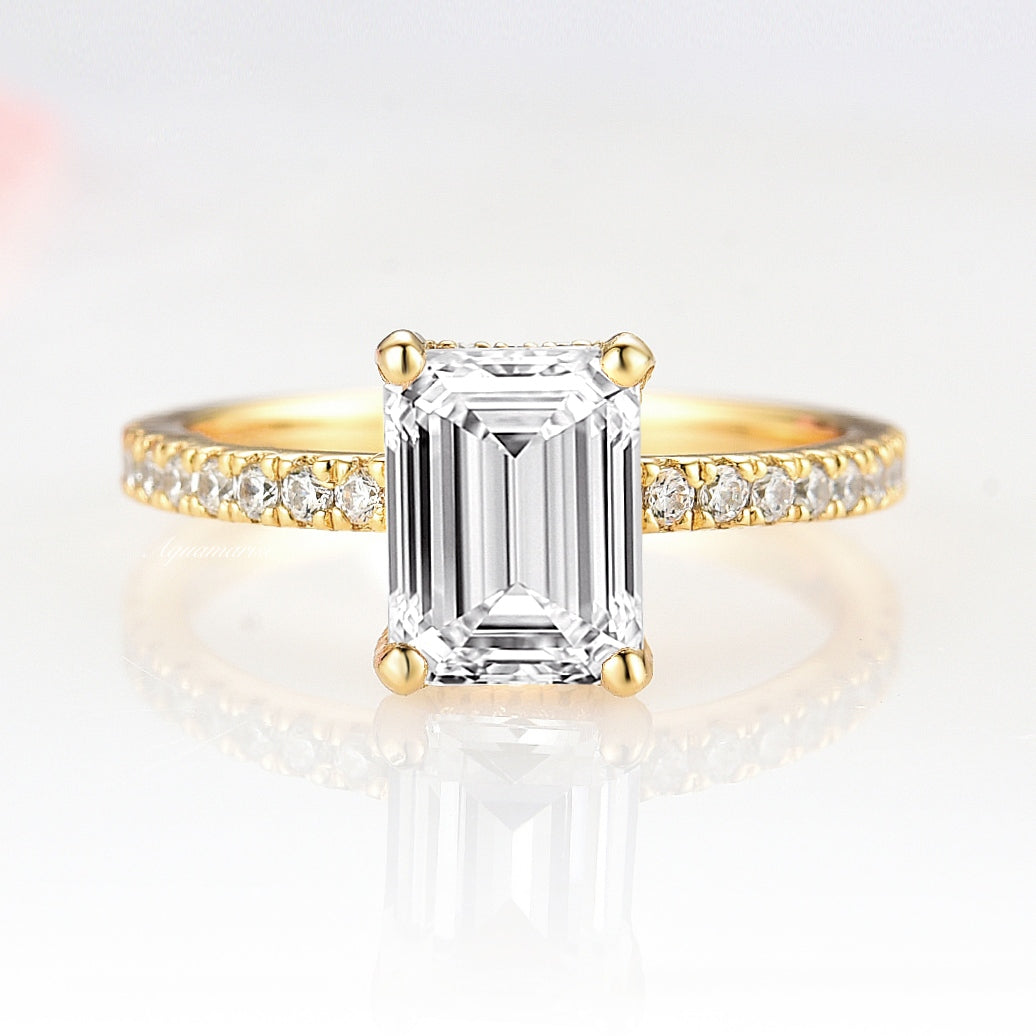 1.5CT Emerald Cut Moissanite or Diamond Engagement Ring- 14K Solid Yellow Gold