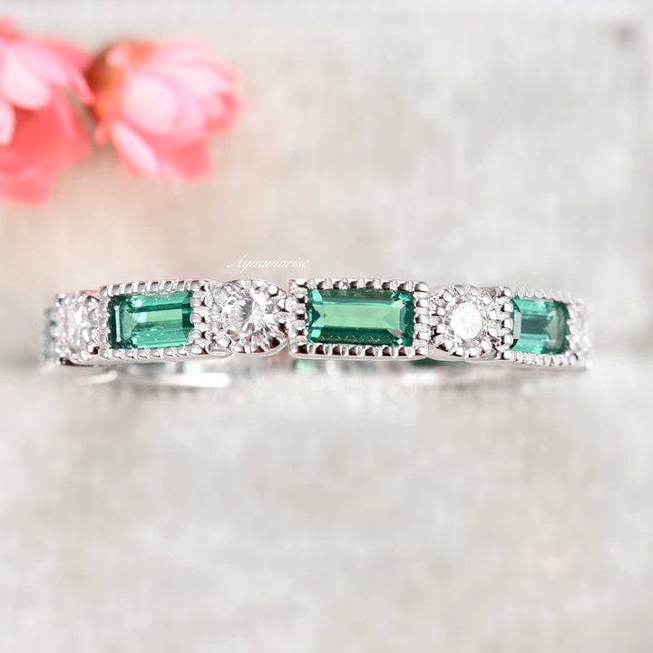 Ari Art Deco Emerald Wedding Band- 925 Sterling Silver