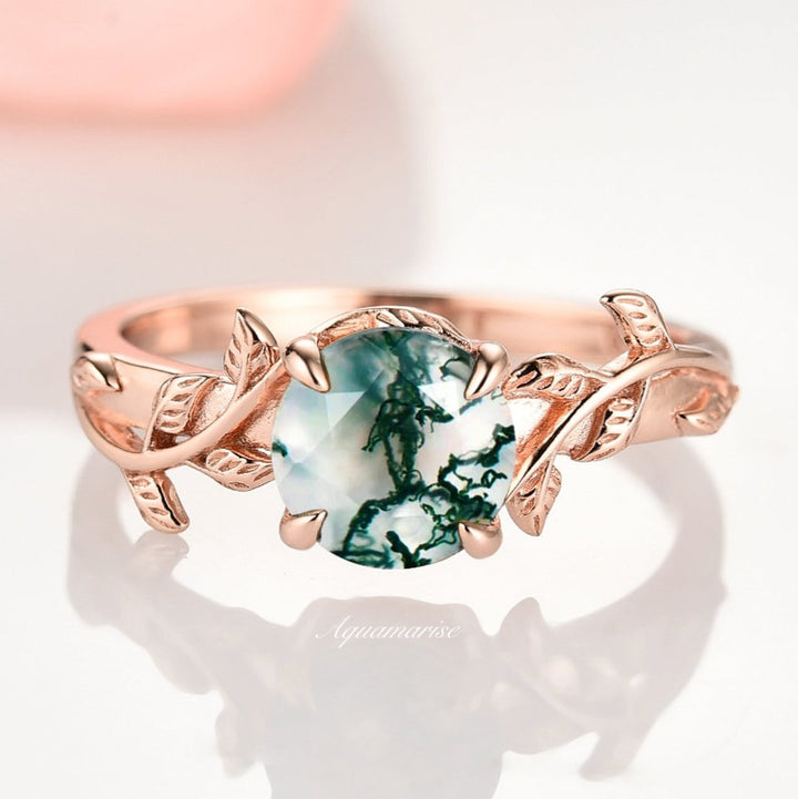 Natural Moss Agate Leaf Ring- 14K Rose Gold Vermeil