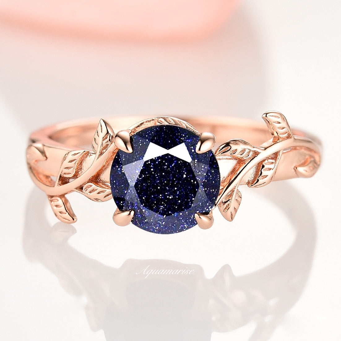 Galaxy Sandstone Ring- Blue Sandstone Leaf Engagement Ring- Nebula Ring 14K Rose Gold Vermeil