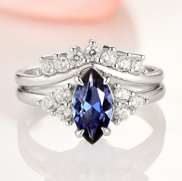 Nadia Marquise Blue Sapphire Bridal Ring Set- Sterling Silver