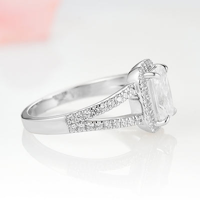 Split Shank Emerald Cut Halo Moissanite Engagement Ring- 14K White Gold