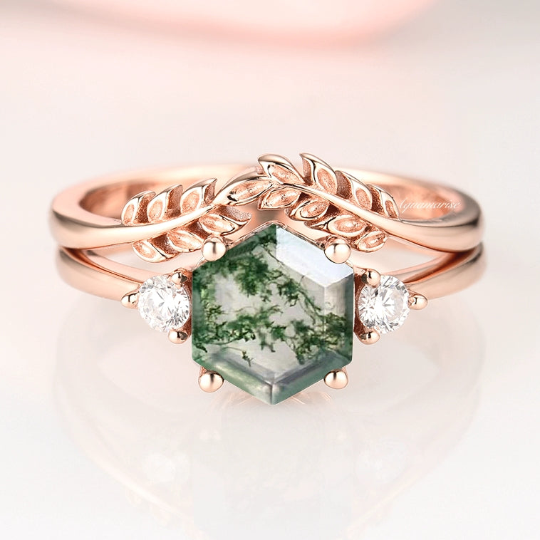 Natural Moss Agate Engagement Ring Set For Woman- Hexagon Cut Alternative Engagement Ring