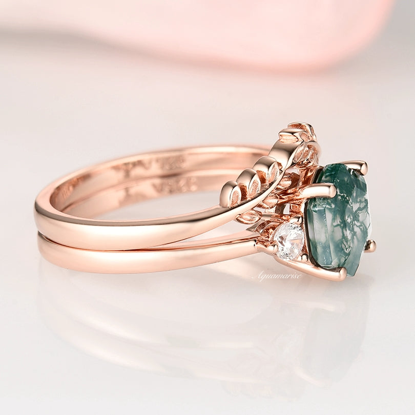 Natural Hexagon Moss Agate Engagement Ring Set- 14K Rose Gold Vermeil