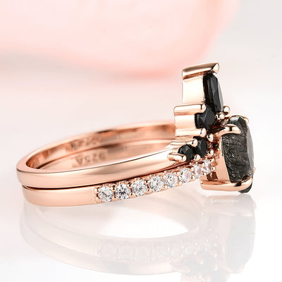Rutilated Quartz & Black Diamond Engagement Ring Set For Women- Natural Rutilated Quartz Wedding Ring Set- 14K Rose Gold Vermeil