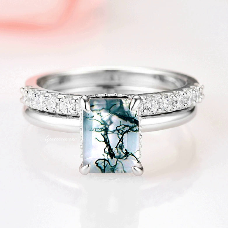 Natural Aquatic Green Moss Agate Engagement Ring Set- Sterling Silver Emerald Cut