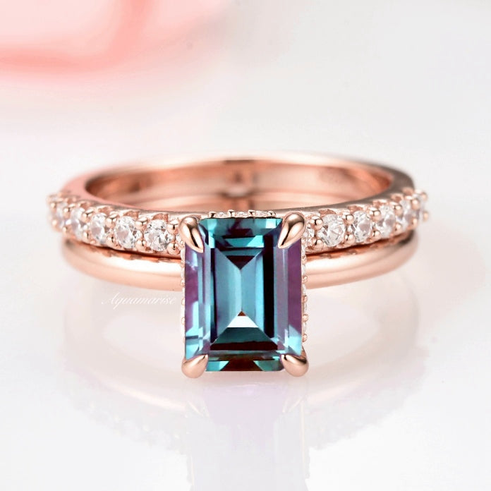 Alexandrite Engagement Ring Set- 14K Rose Gold Vermeil