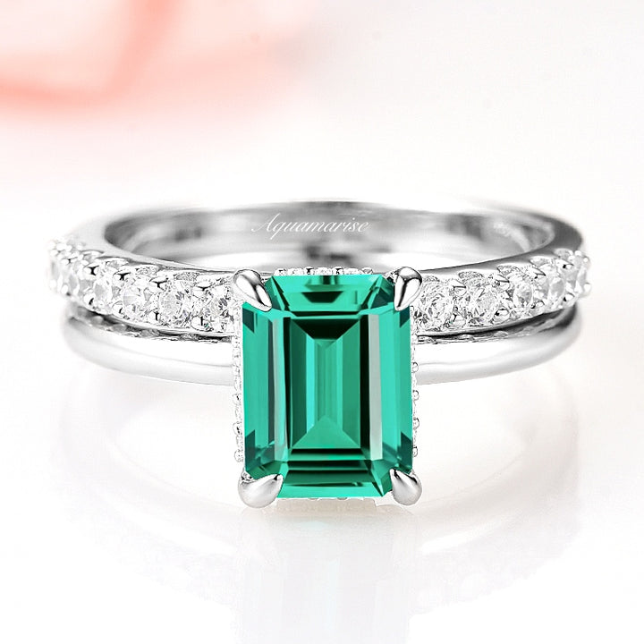 Hidden Halo Emerald Ring Set- 925 Sterling Silver