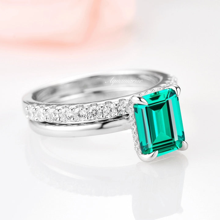 Hidden Halo Emerald Ring Set- 925 Sterling Silver