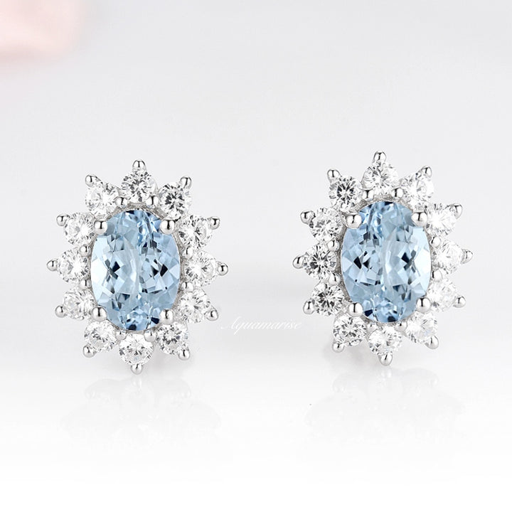 Diana Halo Oval Aquamarine Stud Earrings- Sterling Silver