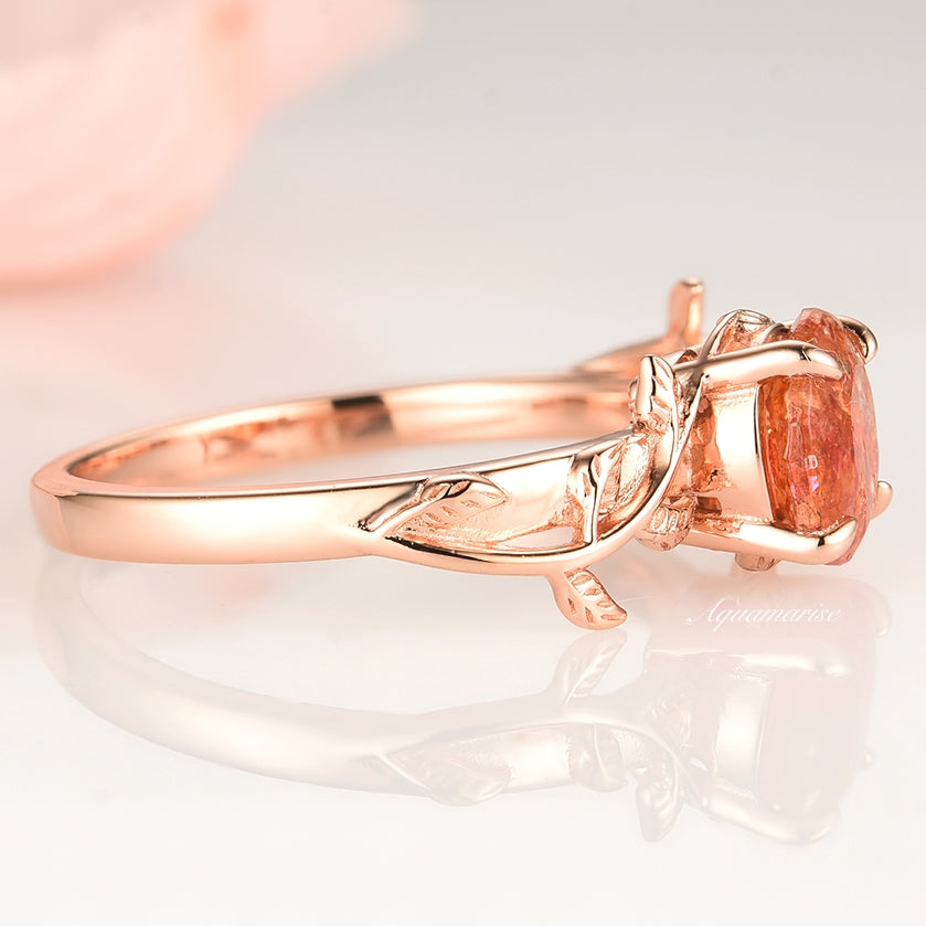 Natural Sunstone Leaf Ring- 14K Rose Gold Vermeil- Round Orange Unique Gemstone Engagement Rings For Women