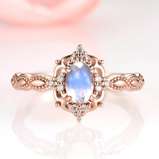 Vintage Natural Moonstone Engagement Ring in 14K Solid Rose Gold