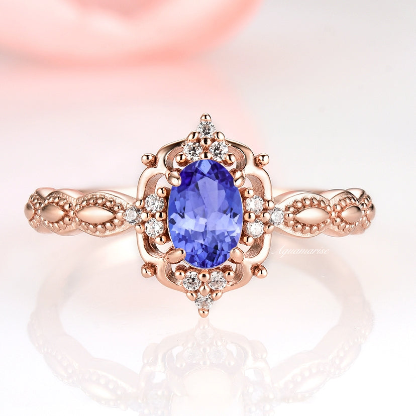 Claire Vintage Natural Tanzanite Engagement Ring- 14K Solid Rose Gold