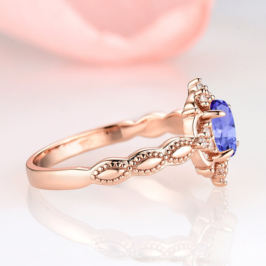 Claire Vintage Natural Tanzanite Engagement Ring- 14K Solid Rose Gold