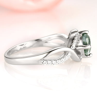 Entwined Natural Green Moss Agate Ring Sterling Silver Aquatic Agate Engagement Rings