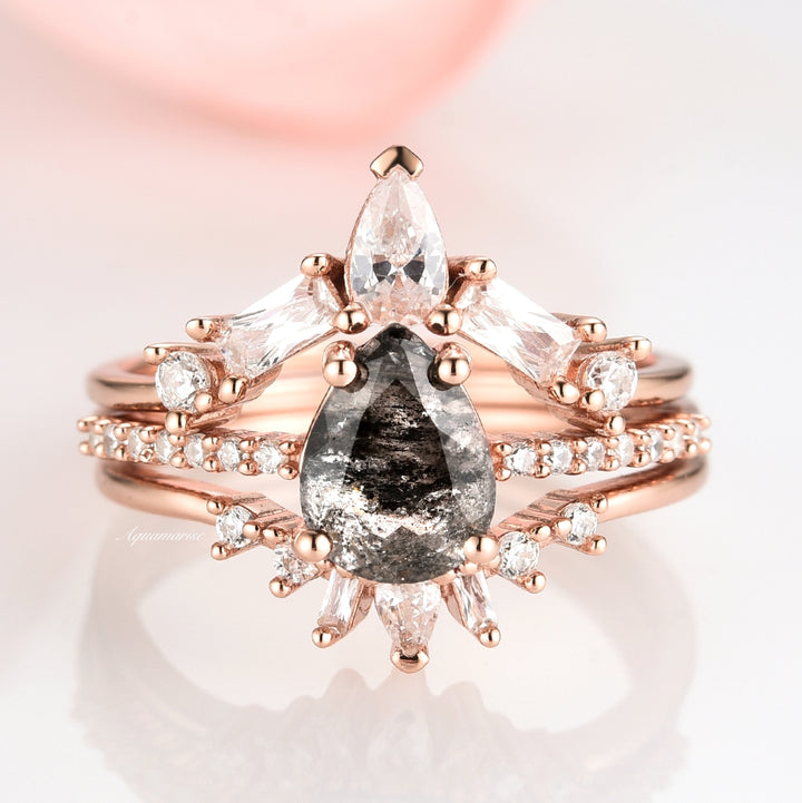 Galaxy Raw Salt & Pepper (Herkimer) Diamond Ring Set- 14K Rose Gold Vermeil