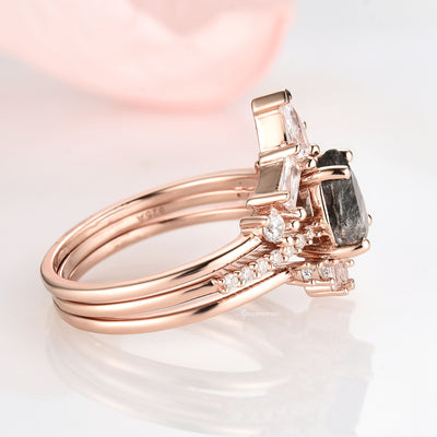 Galaxy Raw Salt and Pepper Diamond Ring Set- Teardrop Diamond Engagement Ring Sets