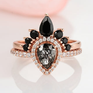 Amy Rutilated Quartz & Black Onyx Ring Set in 14K Rose Gold Vermeil