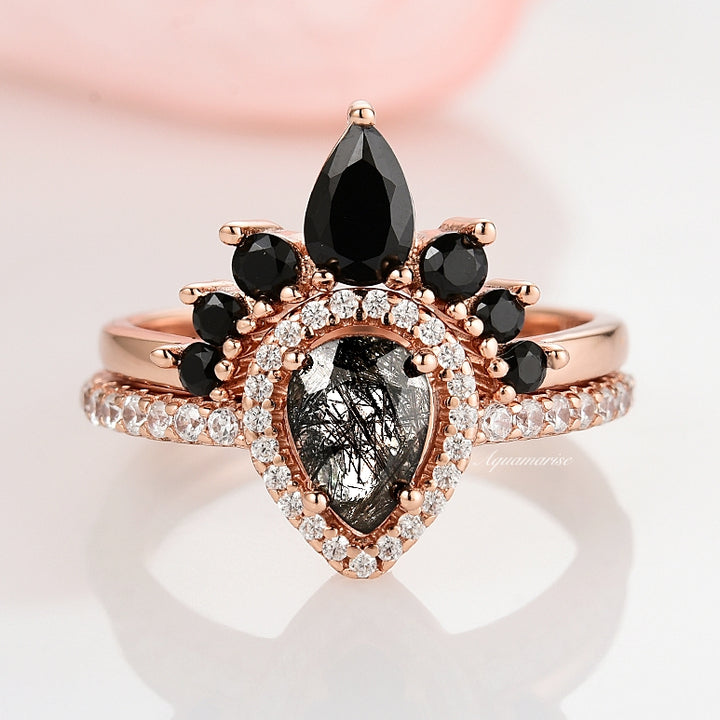 Amy Rutilated Quartz & Black Diamond (Onyx) Ring Set- 14K Rose Gold Vermeil