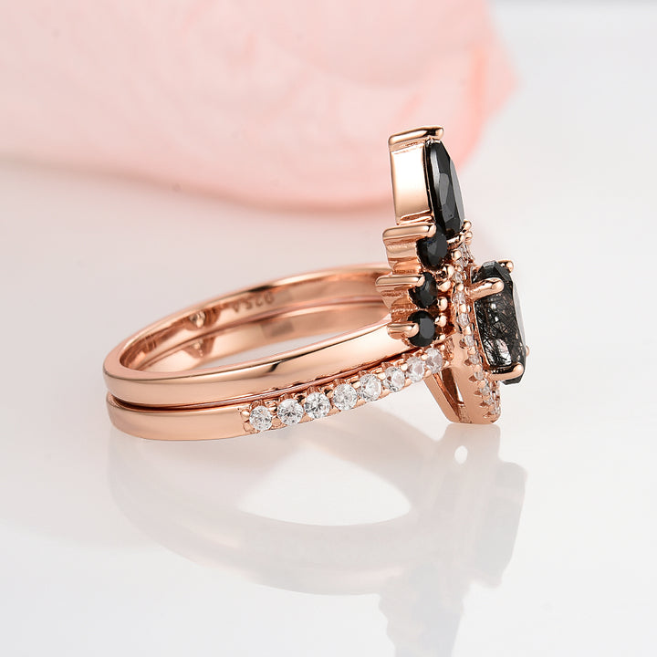 Amy Rutilated Quartz & Black Diamond (Onyx) Ring Set- 14K Rose Gold Vermeil