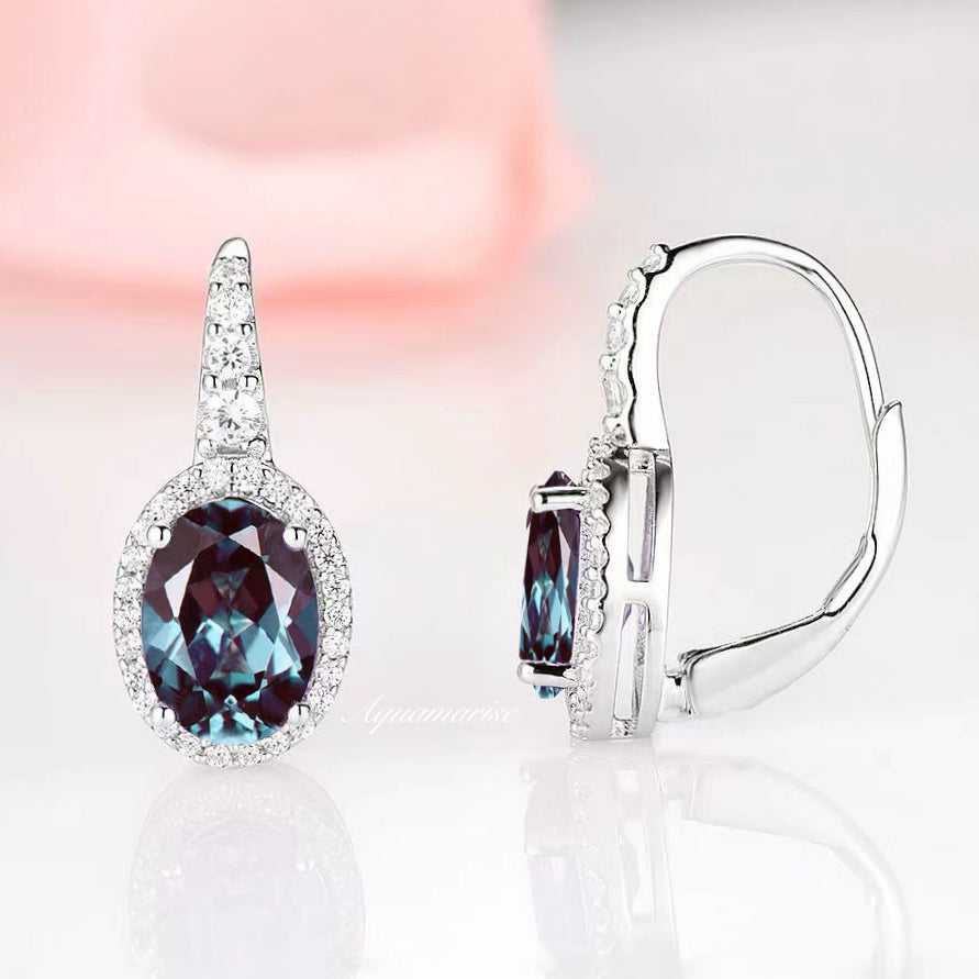 Oval Halo Alexandrite Earrings- Sterling Silver