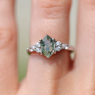 Sonnet Hexagon Green Moss Agate Ring in Sterling Silver