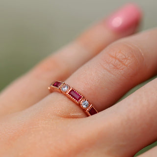 Art Deco Ruby Wedding Band in 14K Rose Gold Vermeil