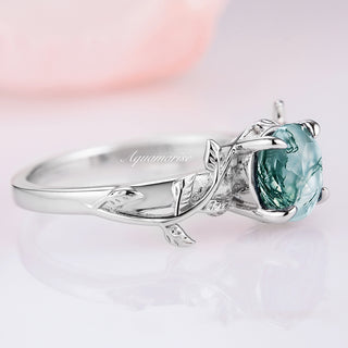 Natural Green Moss Agate Leaf Ring- Sterling Silver