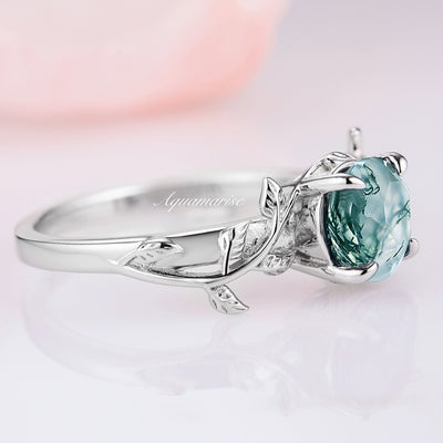 Natural Green Moss Agate Engagement Ring For Women- Nature Inspired Leaf Promise Ring