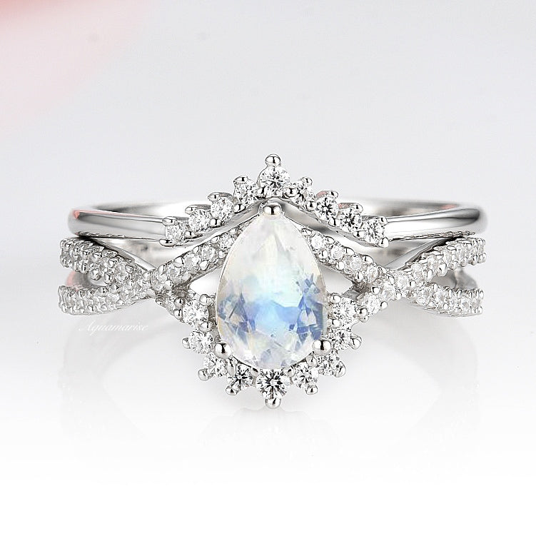Alice Rainbow Natural Moonstone Engagement Ring- 14K White Gold