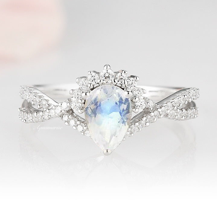 Alice Rainbow Natural Moonstone Engagement Ring- 14K White Gold